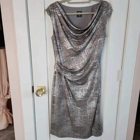 vince camuto silver dress Vince Camuto Silver Metallic Knit Side-Tuck Dress Size 8